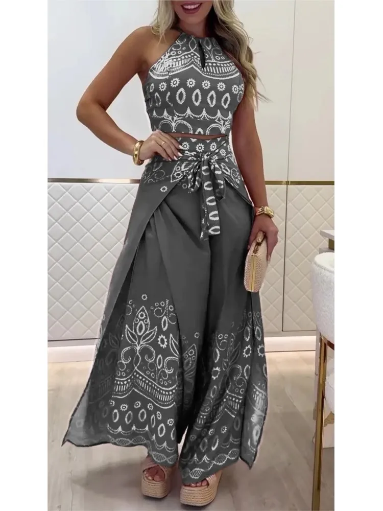 Sommer Neue Mode Gedruckt Beiläufige Lose Anzug Literarischen Retro Ärmellose Halter Top Breite bein Hosen Pendeln Zwei-stück Sets