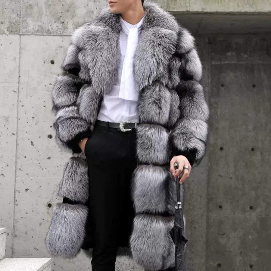 100% Natural Real Sliver Fox Fur Fashion Fur Coat Jacket Long Overcoat Men European Quality