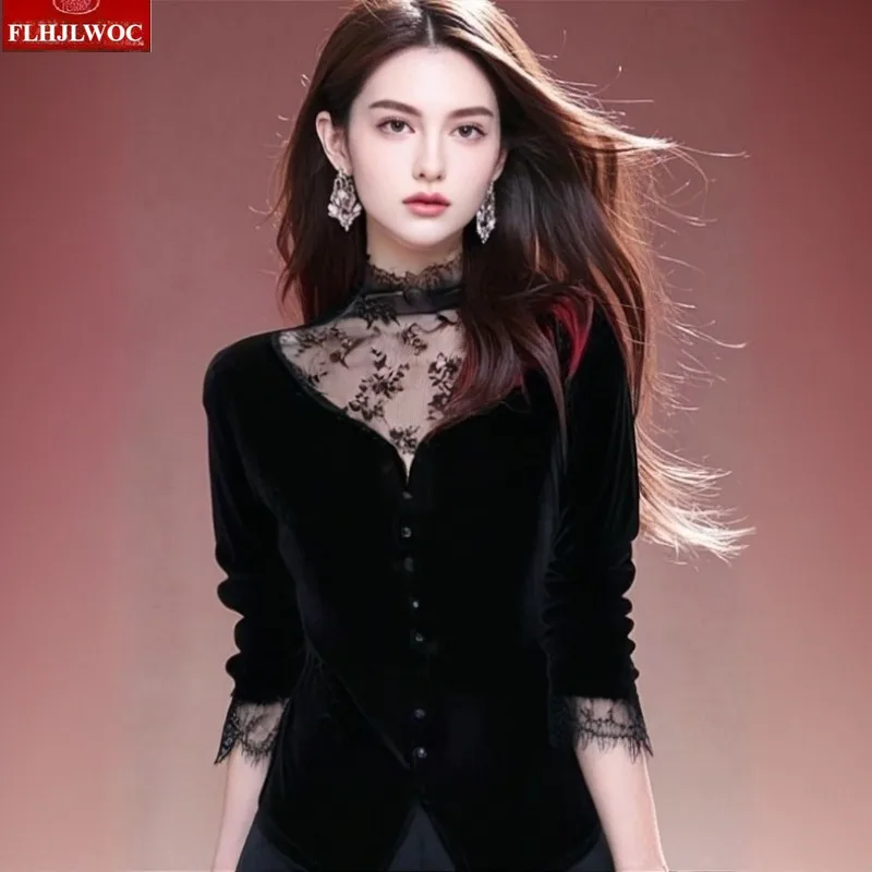 

Sexy Black Lace Turtleneck Tops Blouses New Fashion Woman Autumn Spring Long Sleeve Retro Vintage Hollow Out Lace Basics Shirts
