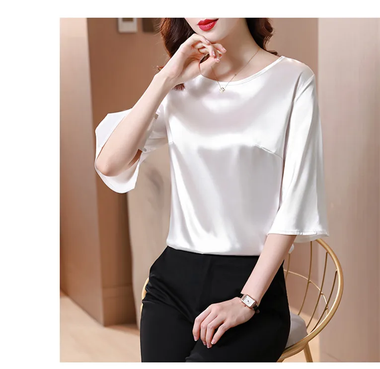 2026 Spring and Autumn New All-match O-neck Three-quarter Flared Sleeve Acetate Satin Blouse tops Basic Simple Ice Silk Shirts