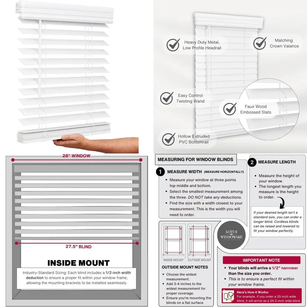 

Cordless Faux Wood Blinds, 2 Inch Slats, 28 Wide x 60 Long, Indoor Window Shades, Privacy and Light Control