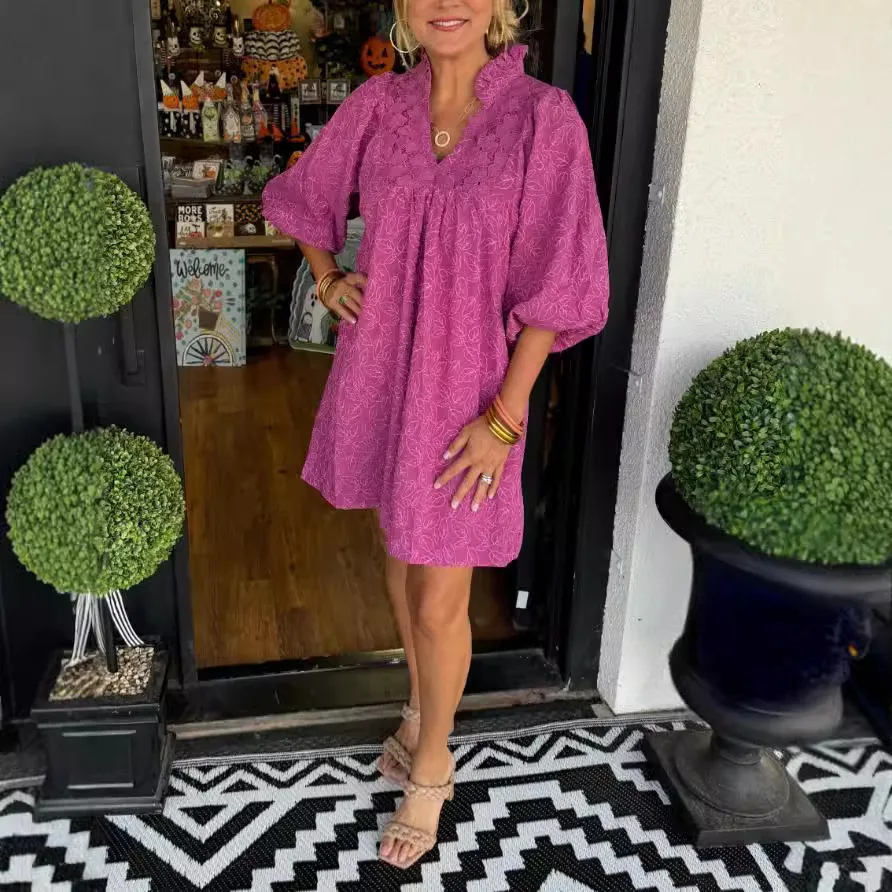 

2025 Solid Color V-neck Lace Dress Vacation Style Lantern Sleeve Pleated Beach Dress Patch Simple Mini Party Dress Loose Vest