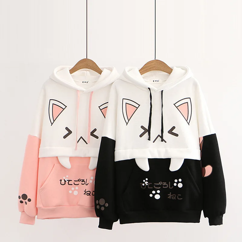 Autumn Y2k Harajuku Thicken Hoodies Women Japanese Style Kawaii Sweet Streetwear School Girls Cute Cat Print Hooded Sweatshirt