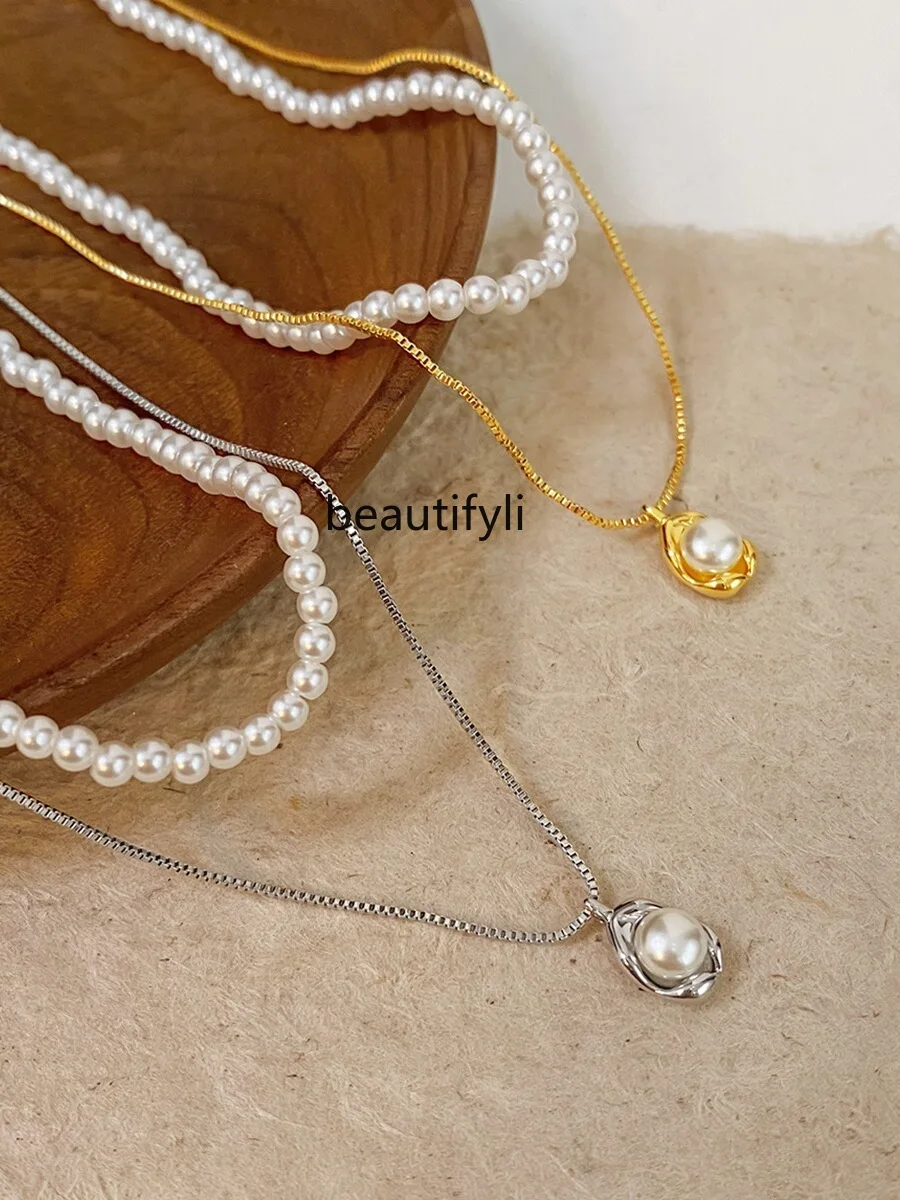 Summer New Necklace Light Luxury Minority Double-Layer Pearl Pendant Clavicle Sweater Necklace High Sense