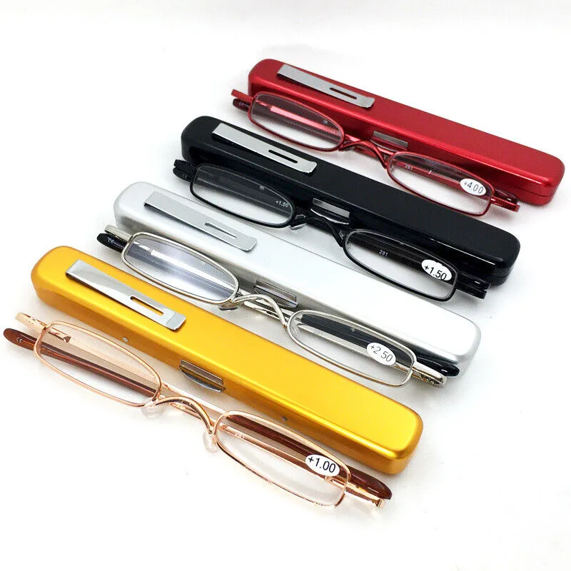 Unisex Pocket Reading Glasses Slim Mini Metal Readers with Pen Tube Case Reader Eyeglasses Diopter +1.0/1.5/2.0/2.5 Dropshipping