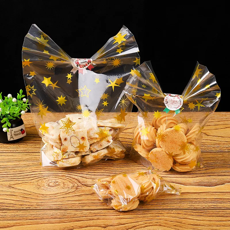 

100Pcs Golden Star Baking Candy Biscuit Flat Pocket Stand Packaging Snowflake Nougat New Year Gift Bags