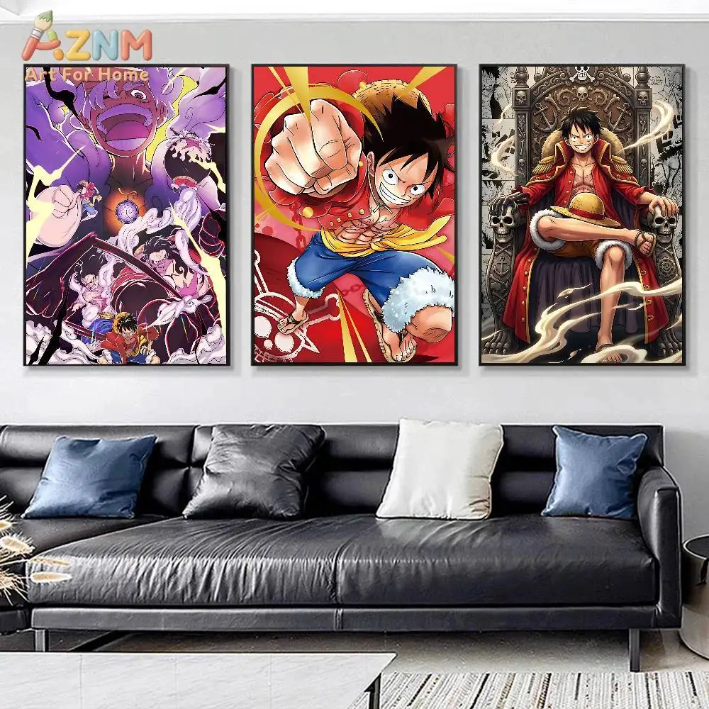 AZNM One Piece Unframed Canvas Print Monkey D Luffy Gear 5 Nika Anime Character Collage Wall Art Poster Home Bedroom Decor