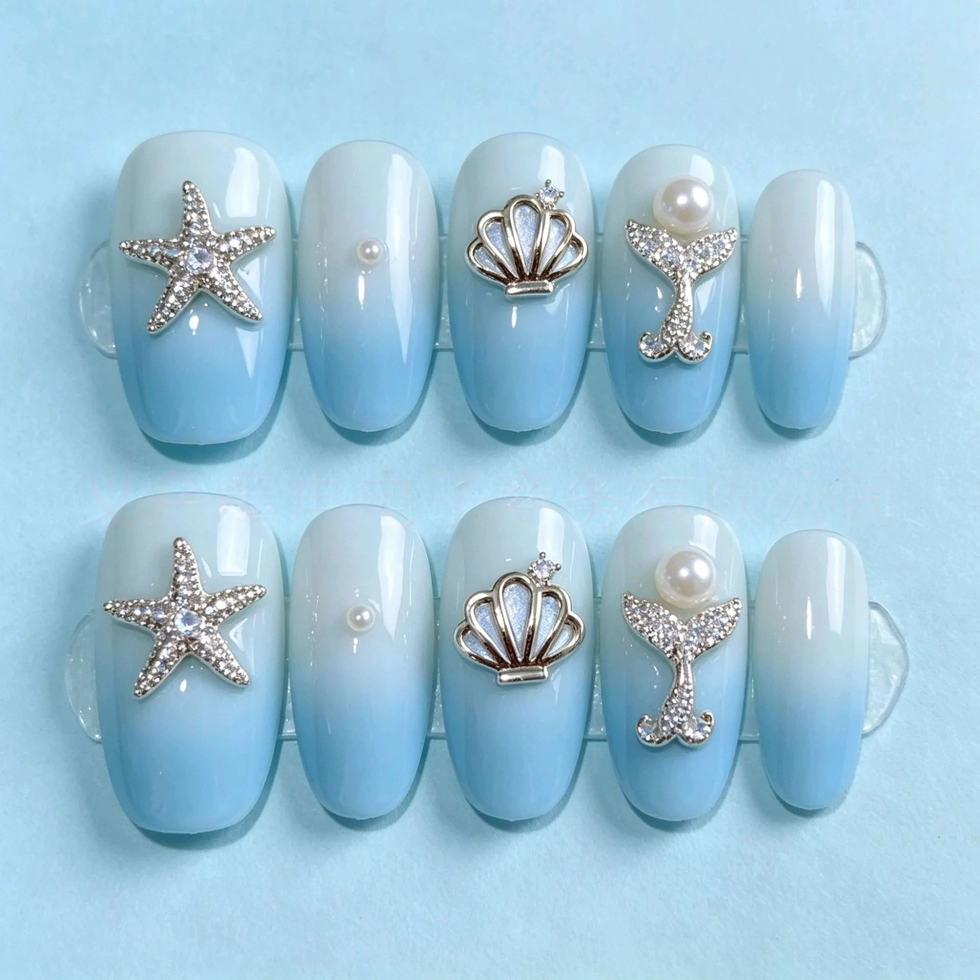 10pcs Summer Mermaid Starfish Shell Zircon Crystals Metal Nails Jewelry Decorations Nail Art Accessories Charms Parts Supplies