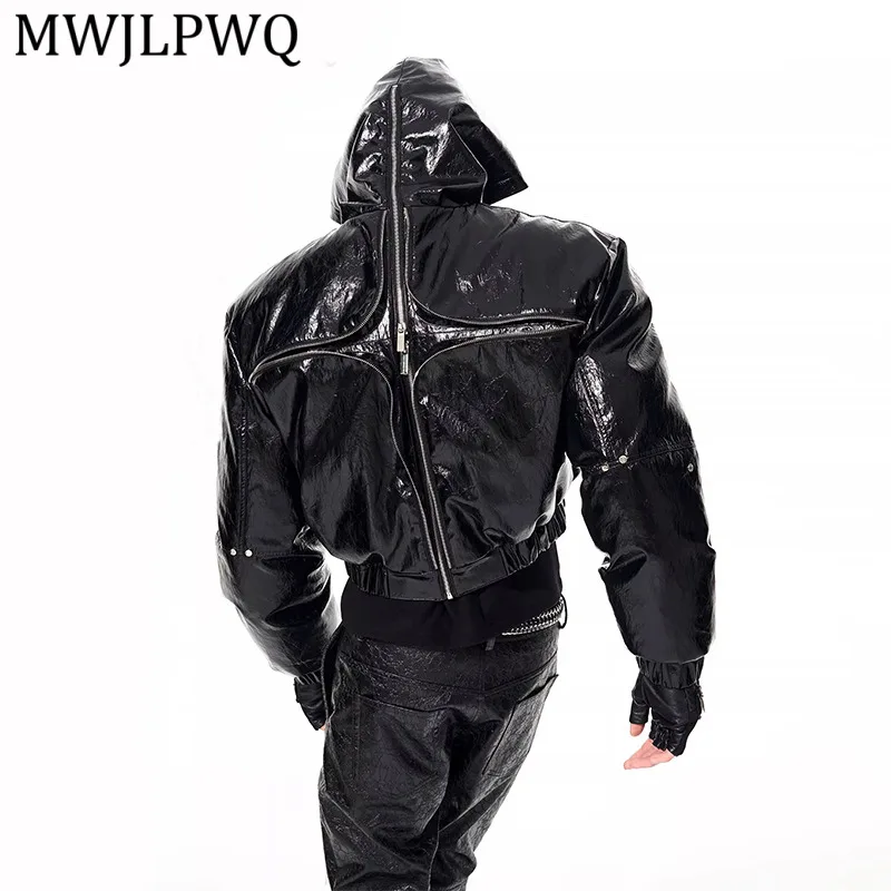 

MWJLPWQ Dark Style Zipper Deconstructed Design Warm Jacket Men's High Street Winter Short Thickened Hooded Cotton Coat 13110