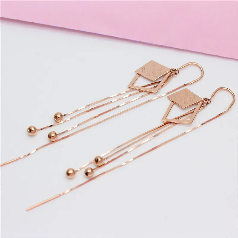 Fashion 585 Purple Gold Soft chain tassel square glossy long earingline Plated 14K Rose Gold earrings for women Fashion Jewelry