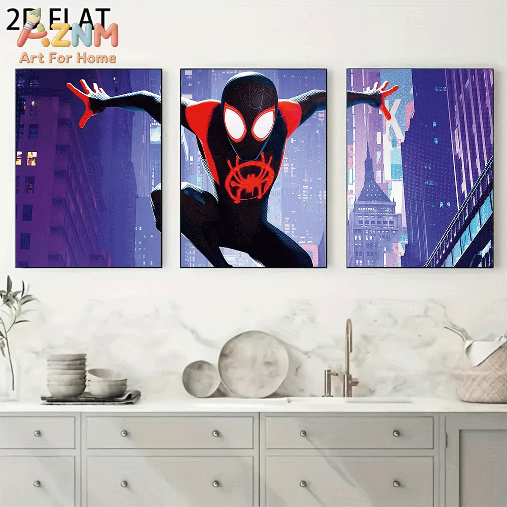 AZNM Miles Morales Spider-Man Into the Spider-Verse Canvas Wall Art Frameless Poster City Nightscape Superhero Print Home Decor