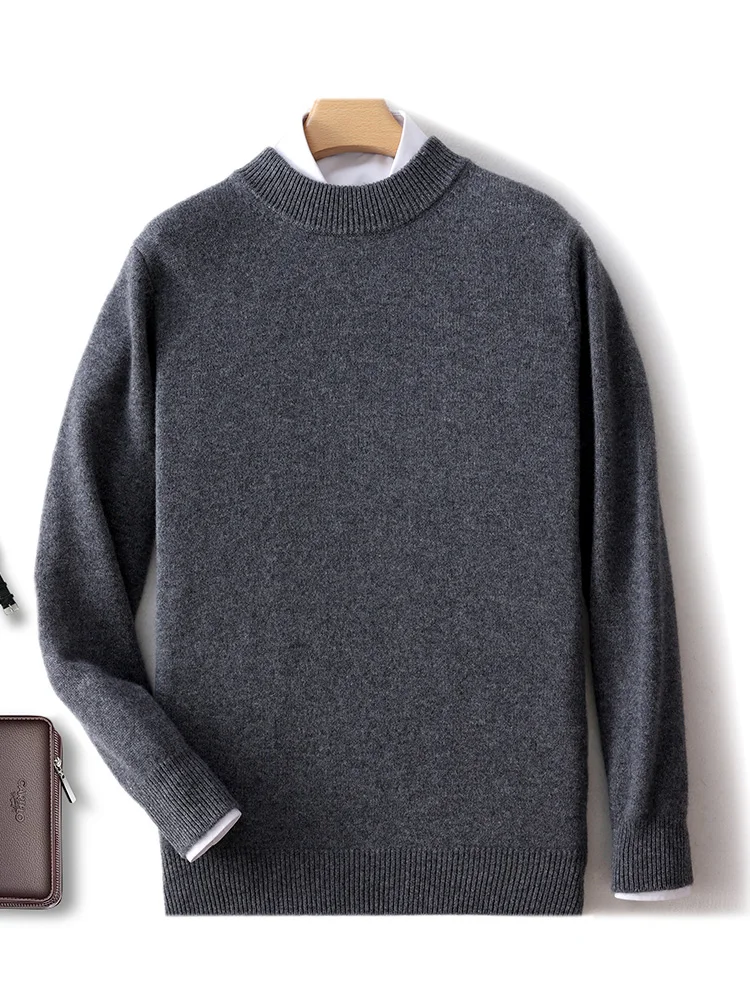 100% Merino Wool Men's Semi High Neck Thickened Autumn Winter Base Sweater Casual Knit Sweater