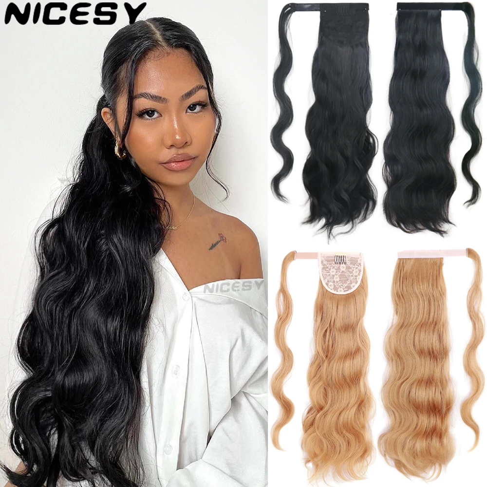 Synthetic Ponytail Long Hollywood Body Wave Ponytail Wrap Around Body Wave Clip in Hairpiece Blonde Wave Ponytail for Women