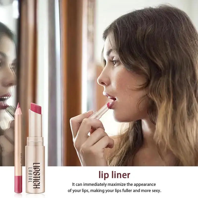 Lipliner และชุดลิปสติก Waterproof Matte Lip Liner ดินสอชุดสีสูง Non-stick Cup Lip Pencil Liner สําหรับสาวผู้หญิง