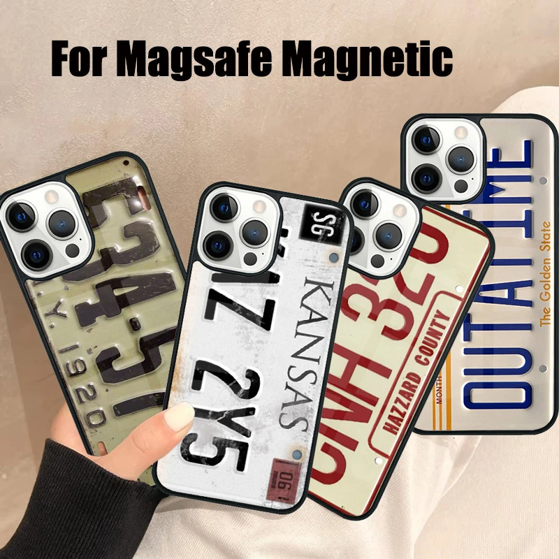 Retro Cool License Plate Number Magsafe Phone Case For iPhone 16 15 14 13 12 11 Pro Max Plus Mirror Wireless Magnetic Cover