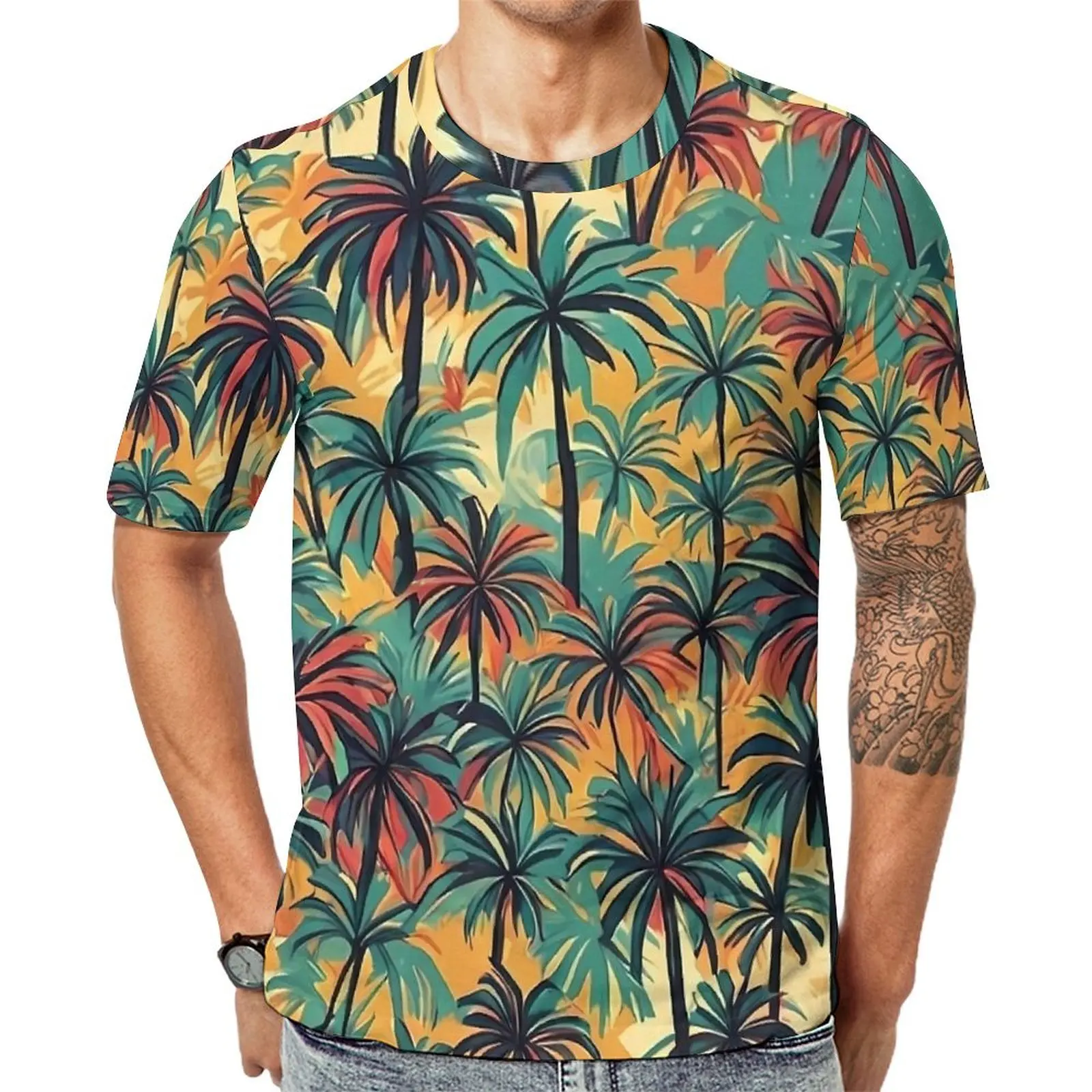 Beach T-Shirt Colorful Palm Trees Print T-Shirts  Aesthetic Trending Tee Shirt For Male Short-Sleeved Custom Oversize Tops