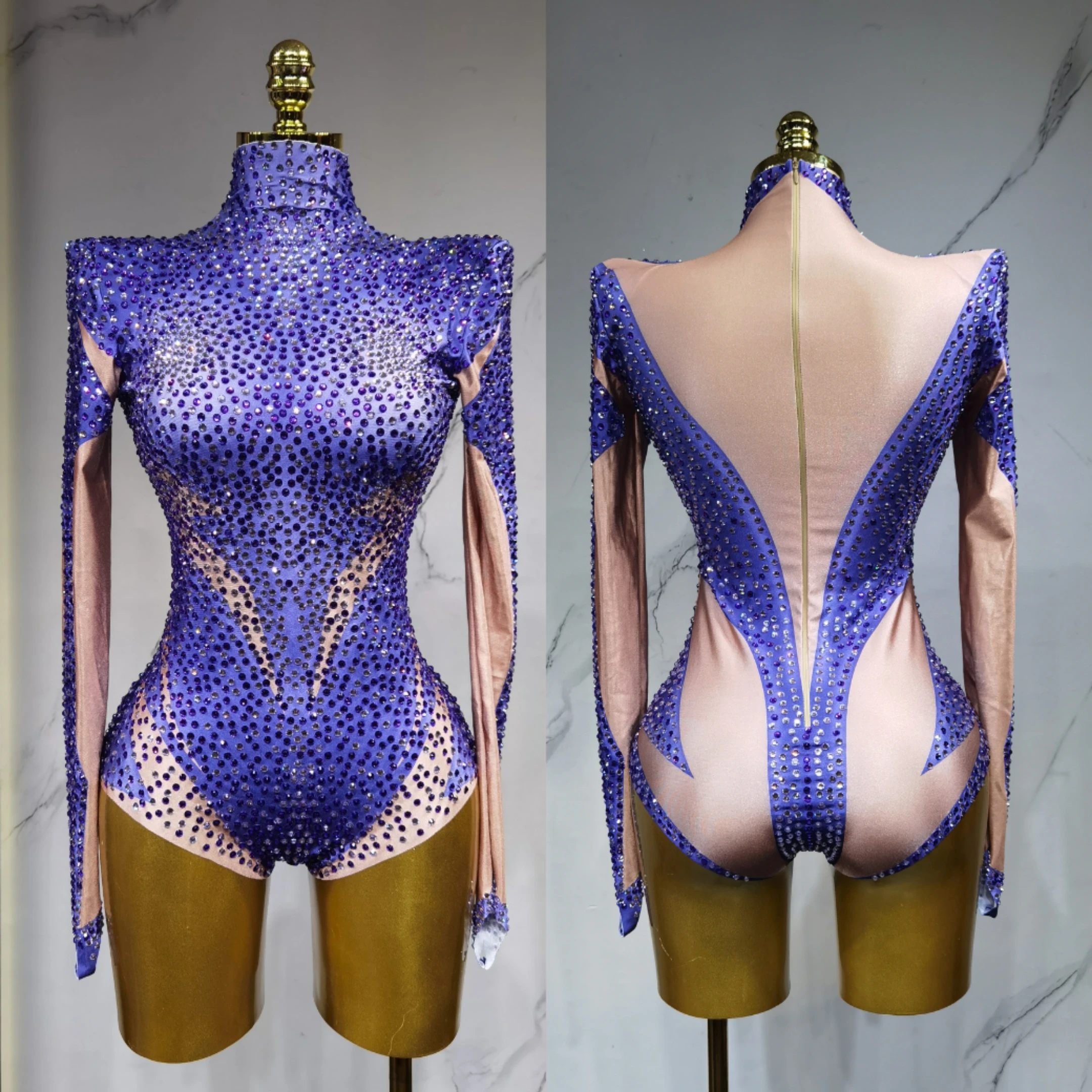 Leotardo Sexy con cristales azules brillantes para club nocturno, celebración de cumpleaños, mono con diamantes de imitación, traje de baile, ropa para sesión de fotos en escenario