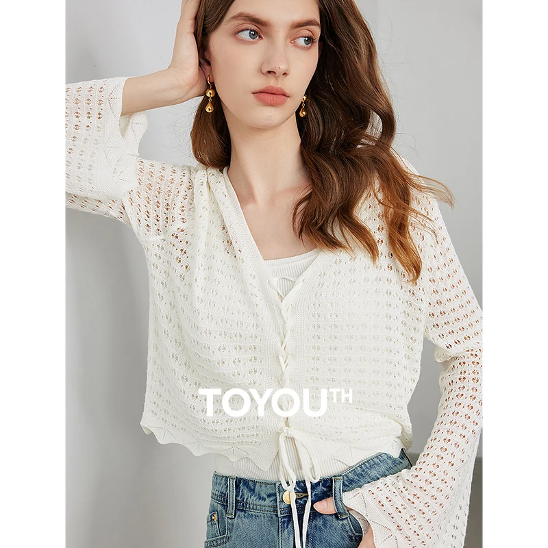 

TOYOUTH Women Knitwear Crop Tops 2024 Summer New Hollow Out Long Sleeve Pullovers Sweater Clothes