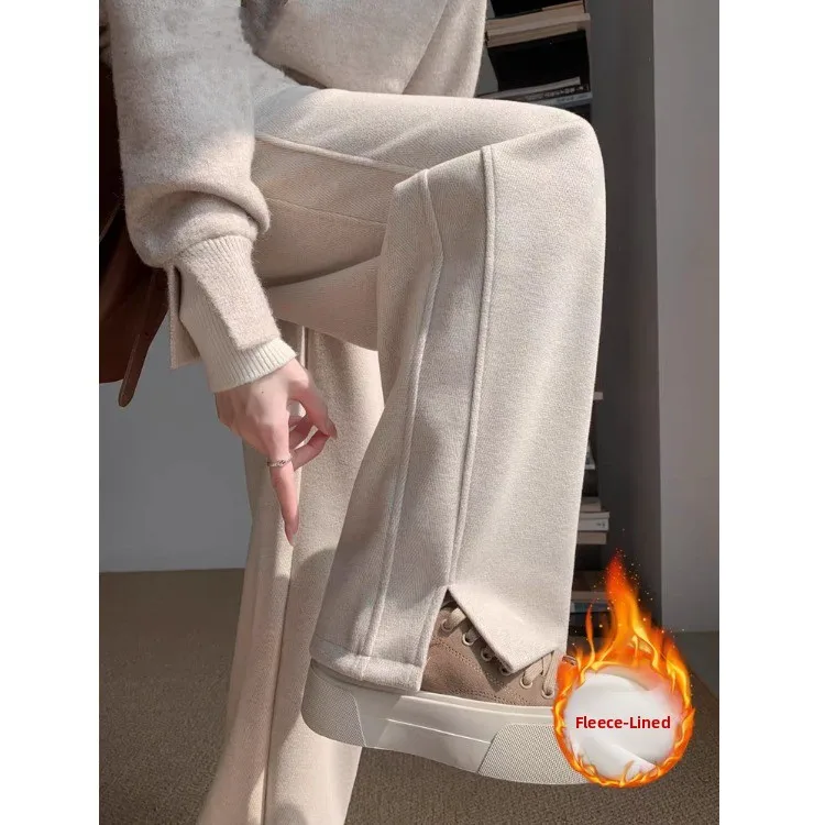 

Шерстяные брюки с широкими штанинами на флисовой подкладке, с высокой талией, прямого кроя, облегающие, в стиле «бананы», зимние, модные, повседневные женские брюки