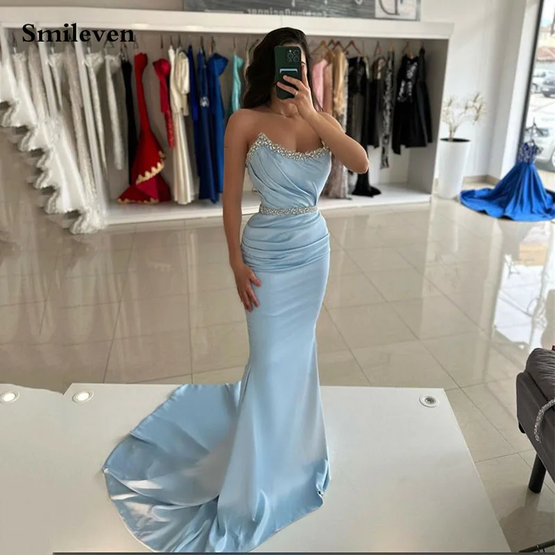 

Smileven Sky Blue Mermaid Evening Dresses Beading Crystal Prom Gowns Elegant Satin Formal Party Dresses 2024