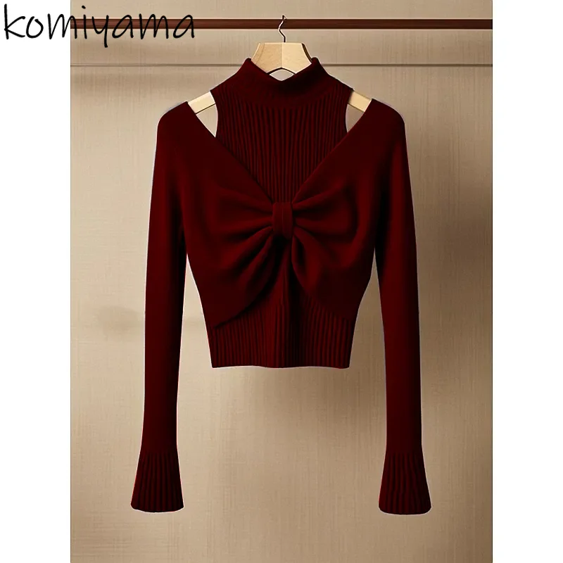 

Bow Off Shoulder Woman Clothing Stand Collar Knit Clothes Autumn 2025 New Ropa Mujer Long Sleeve Sweater Fashionable Tops