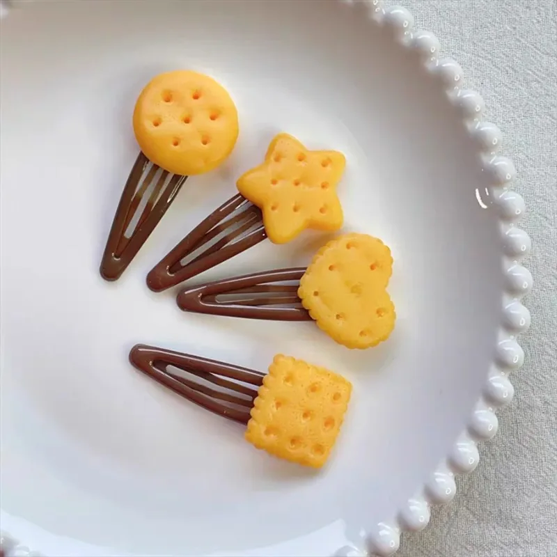 4pc Simulated Fun Biscuits Hair Clip Cute Baked Cookies BB Hairpin Side Clips for Girls Women Korean Hair Accessories