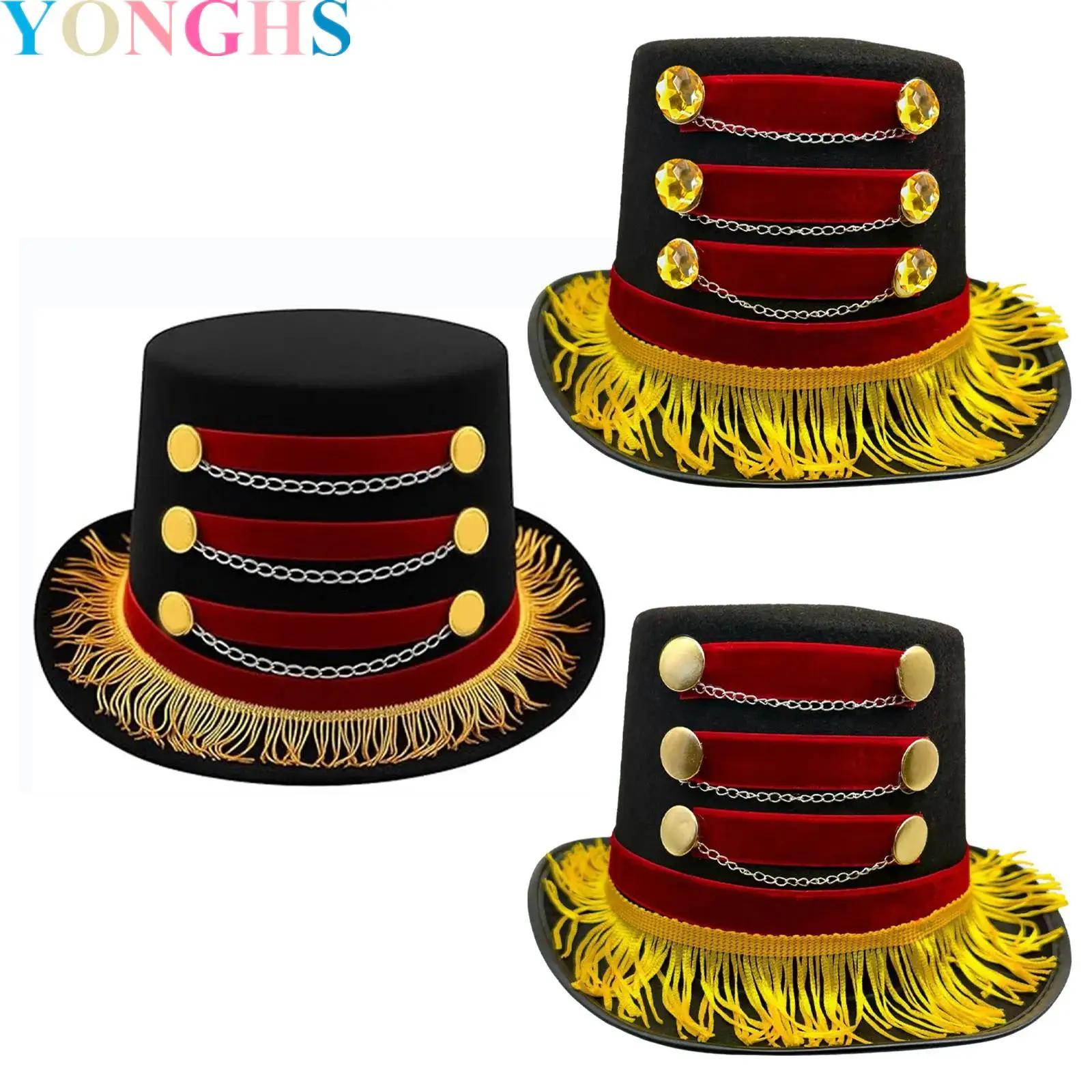 

Ringmaster Top Hat Magician Hat Red Black Circus Coachman Hats Gold Fringe Carnival Burlesque Halloween Masquerade Party Decors