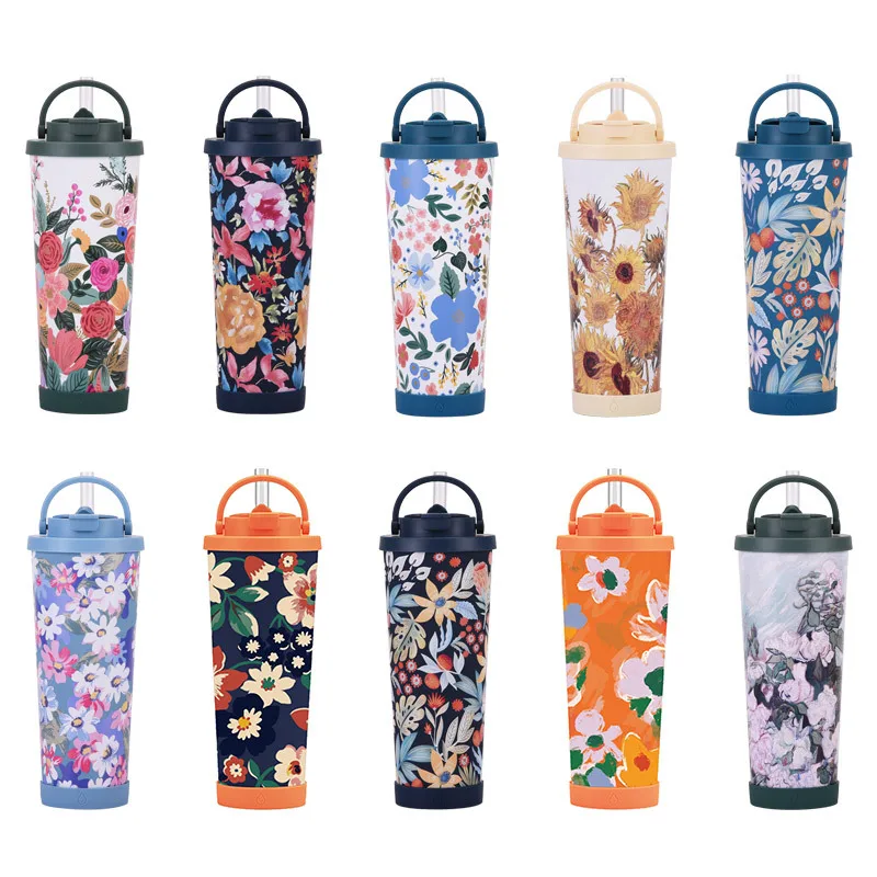 Large capacity insulated cup, wide mouth, portable outdoor sports water bottle, dual drink printed water cup