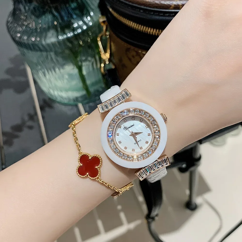 ピンクと金色のセラミック時計,クォーツ,カジュアル,エレガント,ファッション,ホワイト,防水シェル,フェイス,女性用