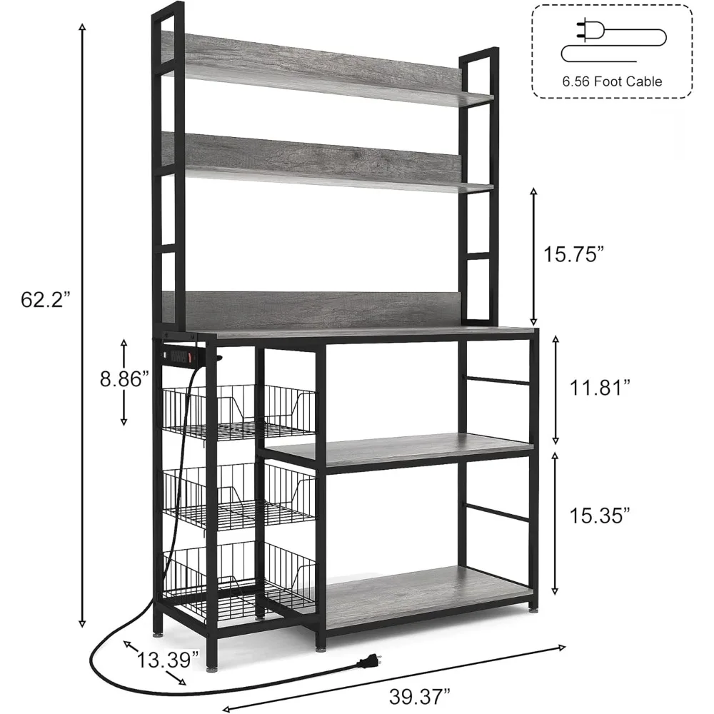 Kitchen Bakers Rack with Baskets and Power Outlet,5-Tier Kitchen Utility Storage Shelf with Hooks, Microwave Oven Stand Rack,Vin