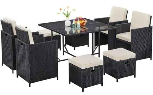9 Pcs Patio Dining Sets, Rattan Chairs w/Glass Table Black/Beige