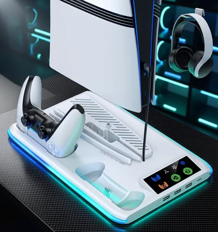 Per supporto di raffreddamento PS5/Slim/Pro con stazione di ricarica controller LED, ventola di raffreddamento a 3 marce per accessori console PlayStation 5
