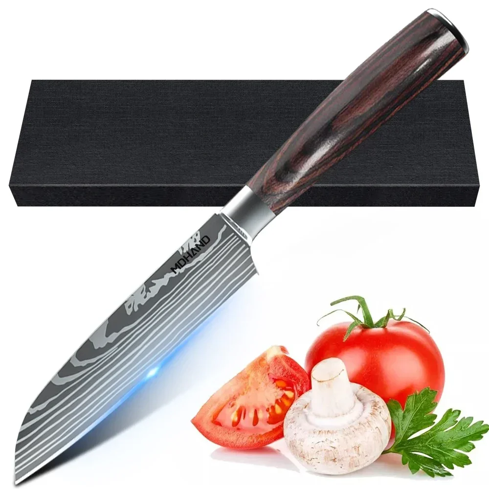 Kitchen Knife Professional Chef Knife 7CR17 Stainless Steel Damascus Laser Pattern Meat Sharp Cleaver Slicing Santoku Cutter