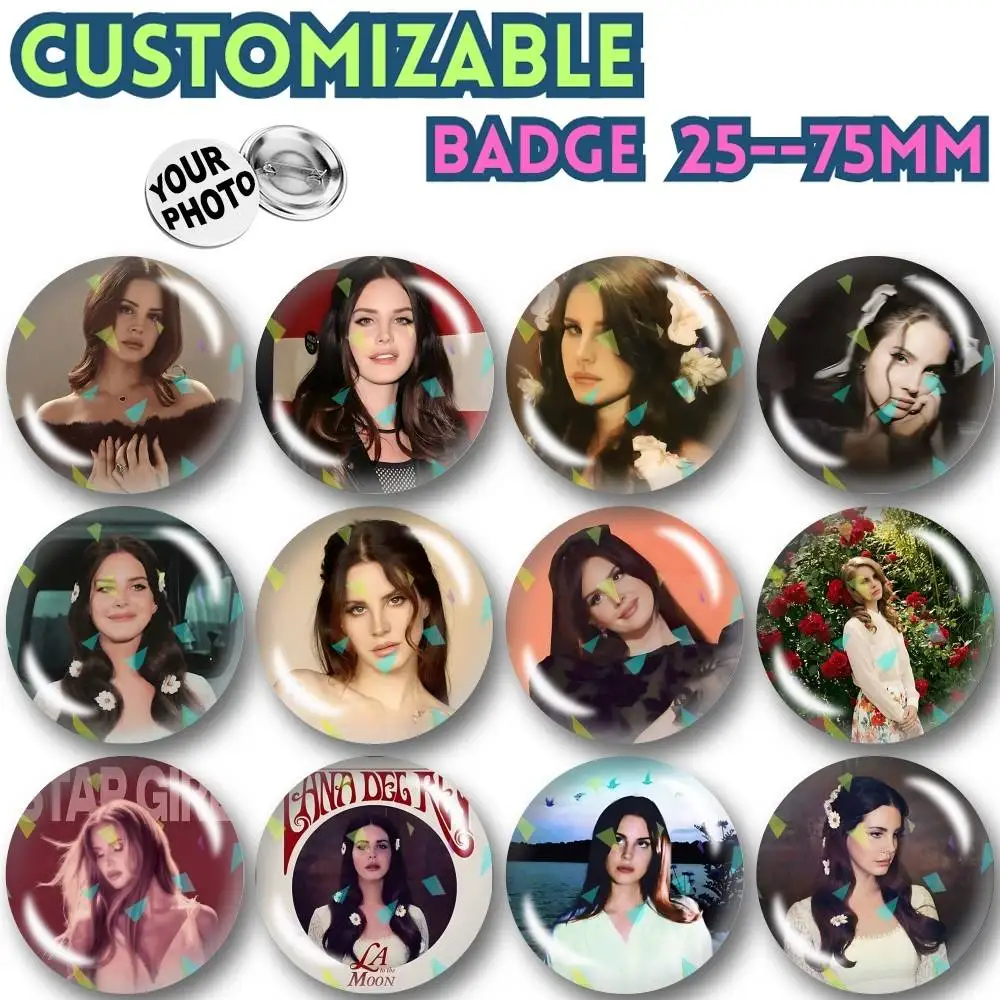 L-Lana LDR-Queen D-Del Rey  Customizable Round Brooch Pins, Personalized Badges With Broken Glass Design Fashion Accessory