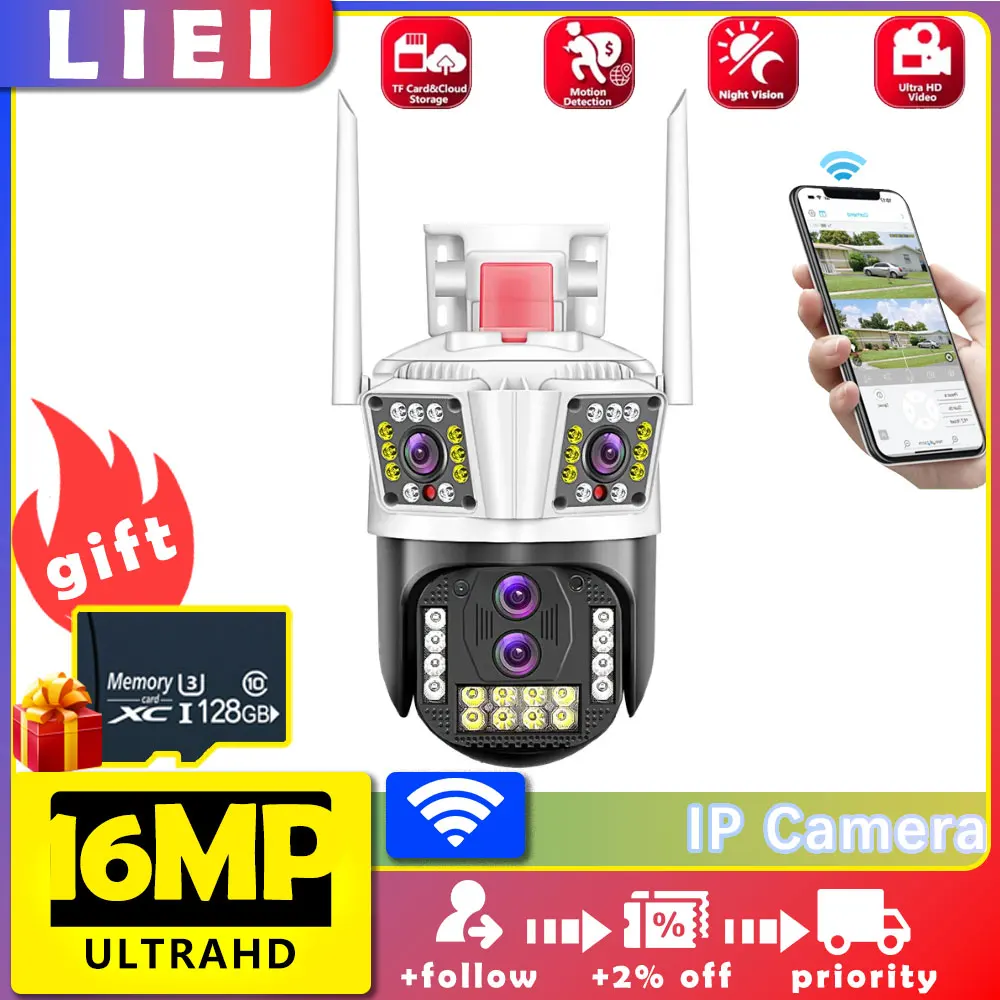 

LIEI 16MP WIFI 4 Lens Three Screen Surveillance Camera Outdoor Auto Tracking PTZ 8K Smart Home 360 Wireless Security CCTV Camera