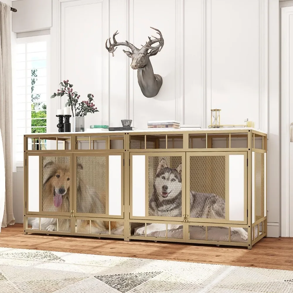 

70.9" Double Dog Crate Furniture, Heavy Duty Dogs Crate Kennel Furniture with Removable Divider, Wooden Iron Dog Crates