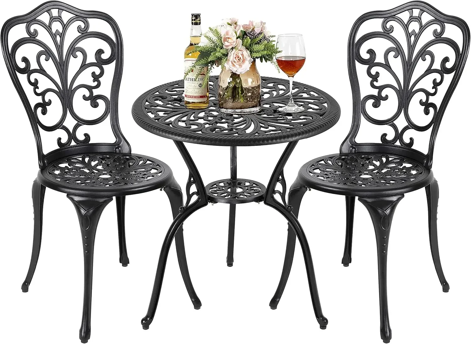 3 Piece Outdoor Bistro Table Set, All Weather Cast Aluminum Patio Chairs Set of 2 with Umbrella Hole for Yard, Balcony, Black