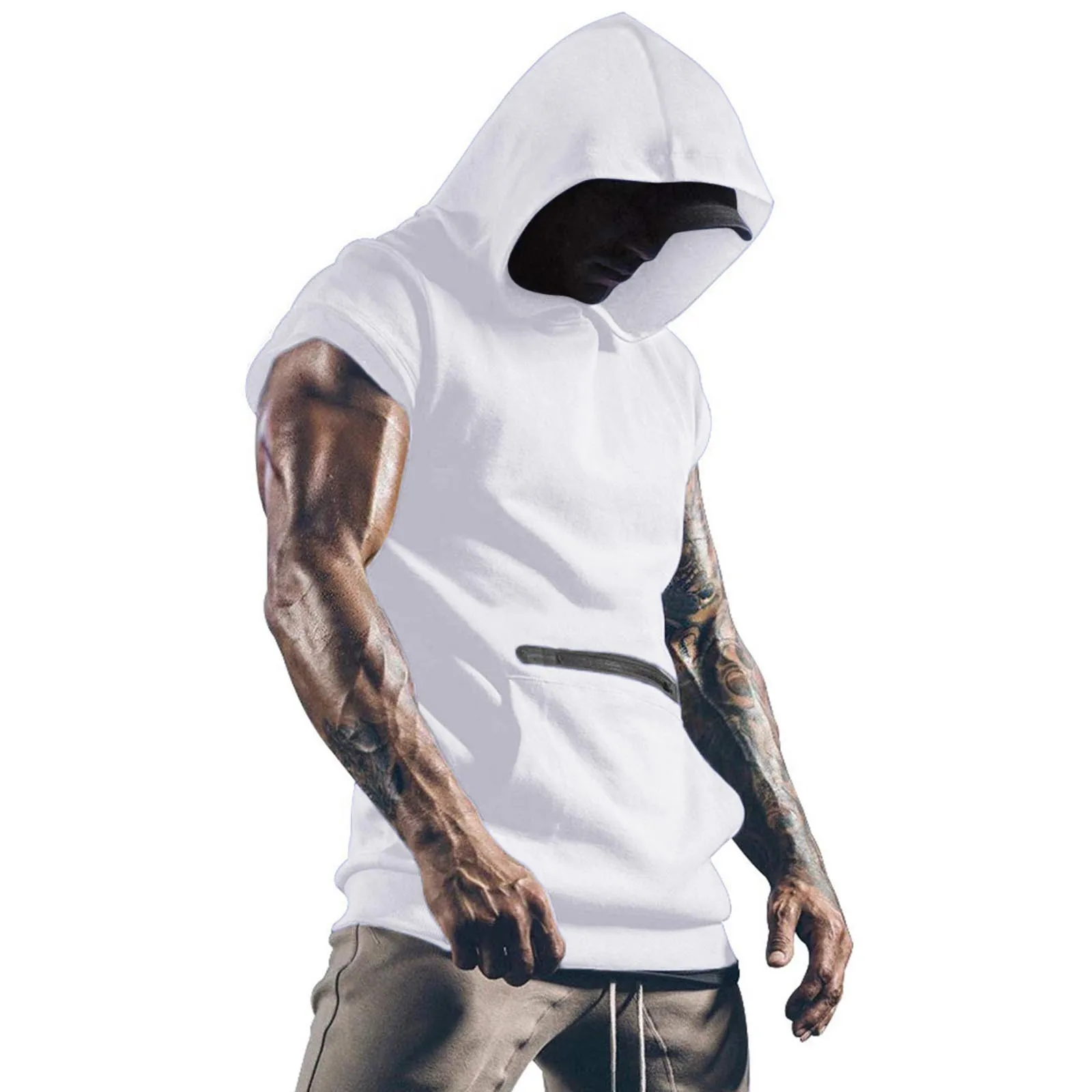 Summer Men Hooded Tank Top Solid Color Short Sleeve Vest Tops with Pocket O-neck Slim Fit Male Fitness Tank Vest Sports Tee Tops