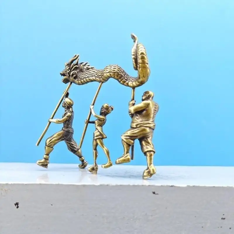 Miniature Brass Dragon Dance Figurine Set 3 People Chinese New Year Lion Dragon Dance Statue Desk Ornament Micro Landscape Decor