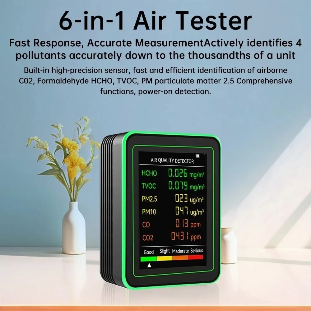 

6 in 1 Air Quality Monitor Automatic Display Intelligent Air Detector Real Time Monitoring Large Screen TVOC CO2 Sensor Travel