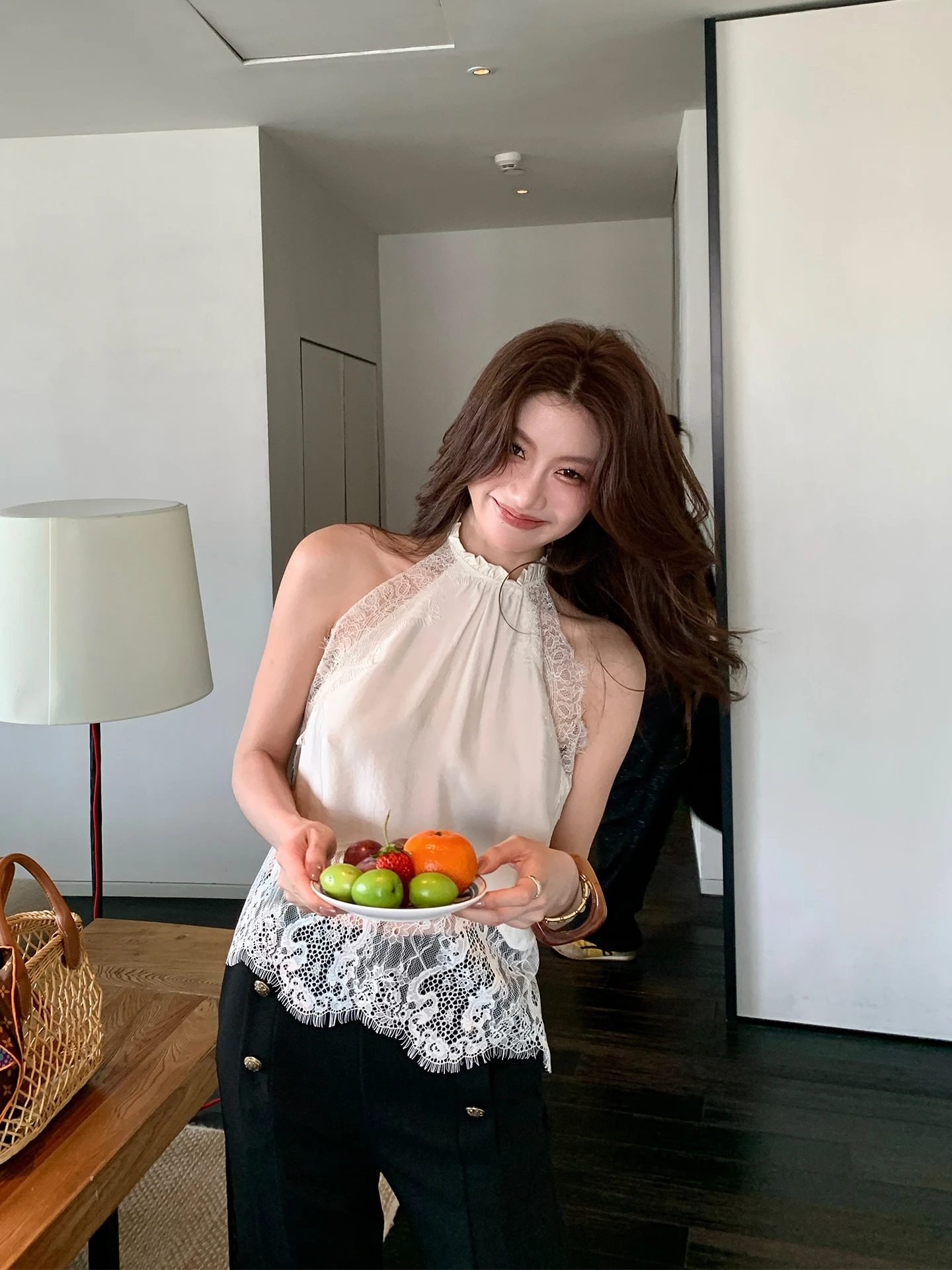 

Dragon Xier Lace Halter Neck Flounce Top Skirt Set Women's Loose Feel Two-Piece Spring Casual Sportswear Ensemble