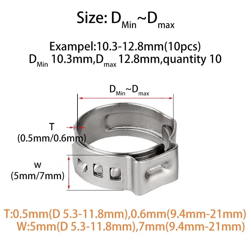 PEX Cinch Clamp Rings Single Ear Stepless 5.1-21mm Stainless Steel Tubing Pipe Clamps for PEX Tubing Pipe Fitting Connections