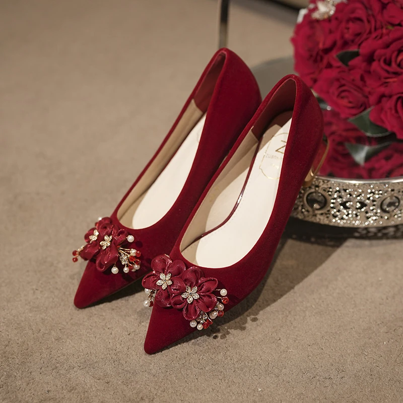 

Chinese Red Suede Bridal Shoes Xiuhe Wine Glass High Heels