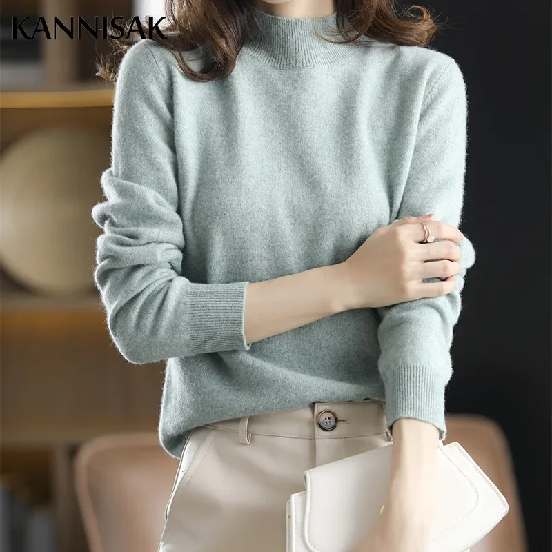 Casual Women Sweater Autumn Winter Warm Slim Fit Bottoming Shirt Mock Neck Green Camel Loose Korean Knitwear Pullover Jumpers