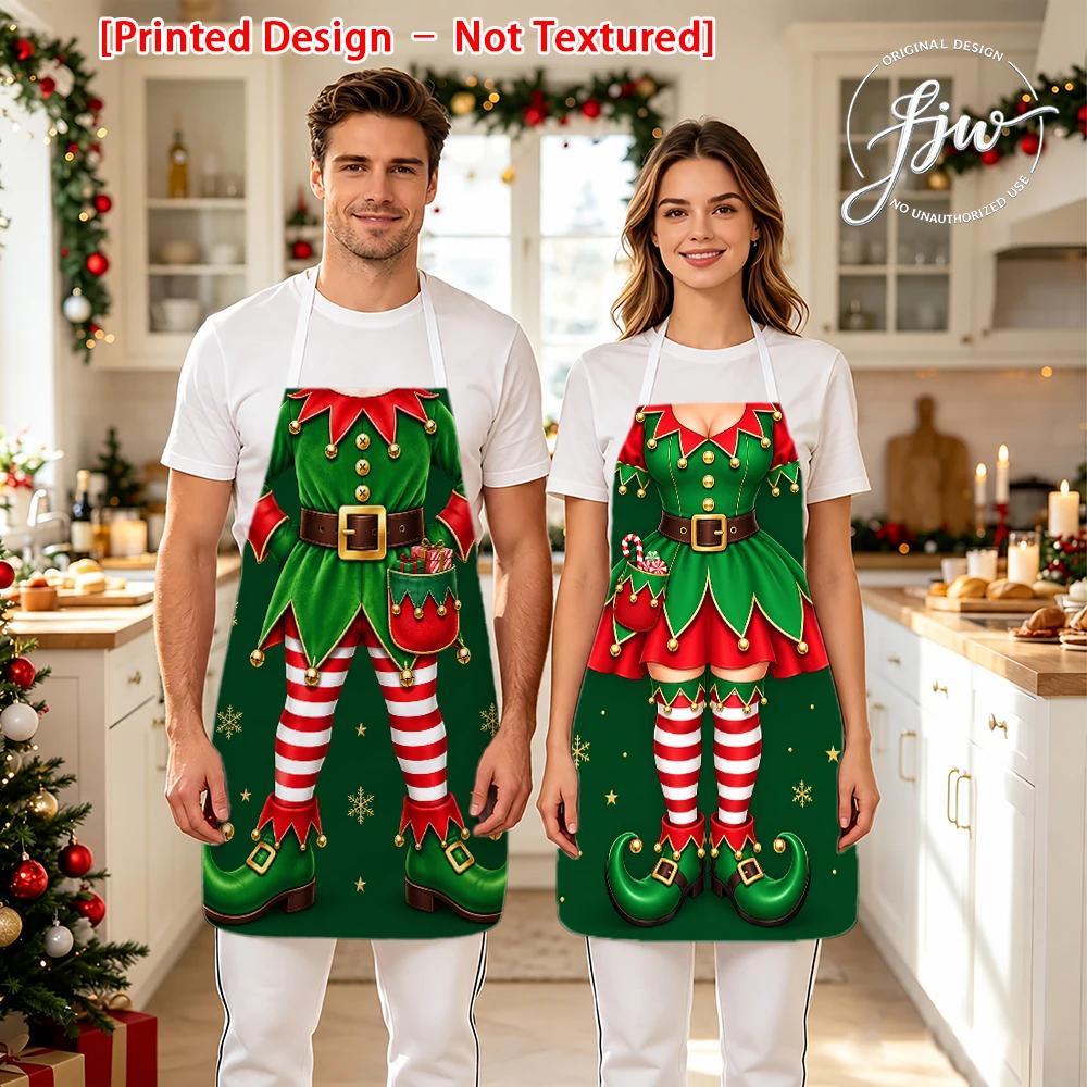 2pcs Christmas Couple Matching Aprons, Xmas Elf Nutcracker Snowman Santa Printed Kitchen Aprons for Holiday Cooking Baking