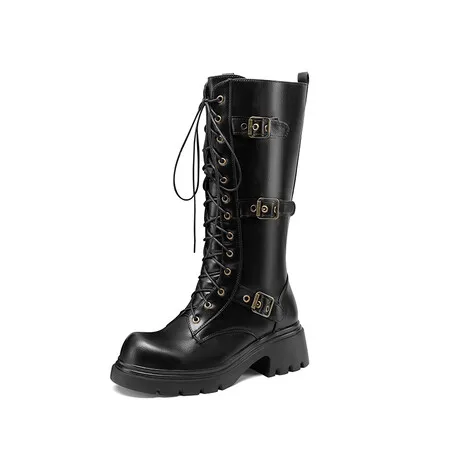 Fashion Round Toe Women Boots Lace-Up Riding Motorcycle Boots Low Heel Knee High Boots Buckle Zipper Female Botas Brown 43