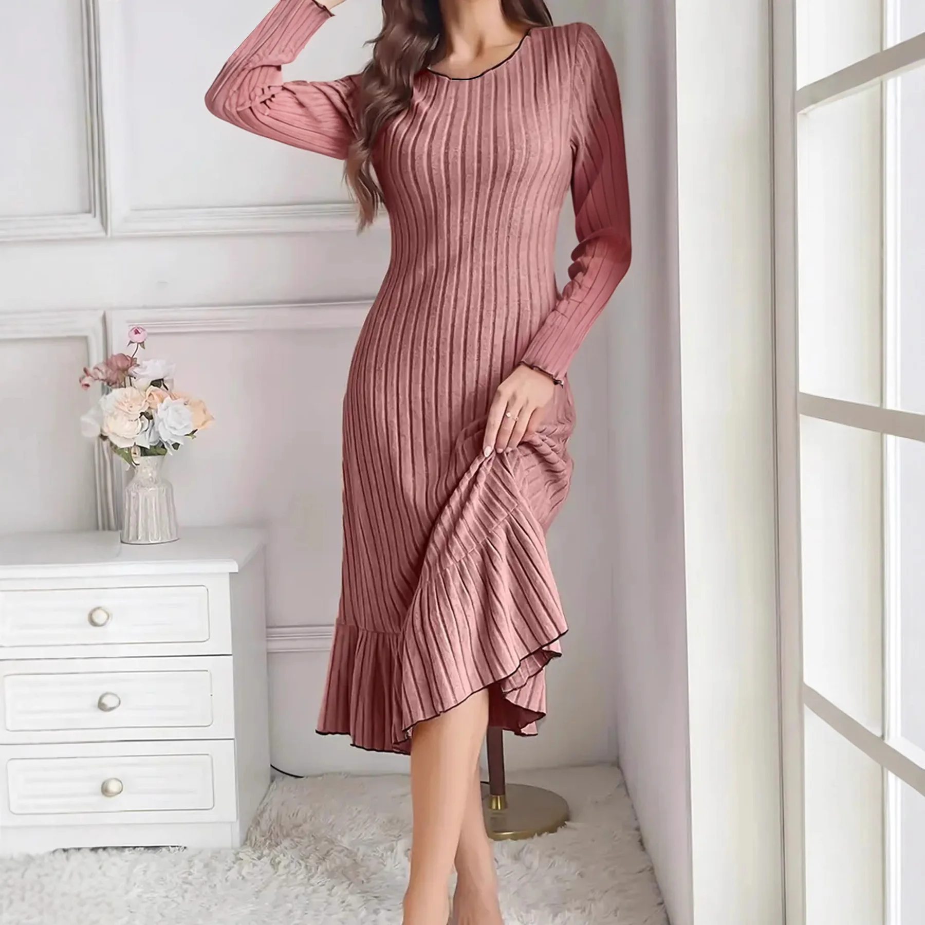Autumn Winter New Women Solid Long Sleeve Midi Dress Ribbed Knit Ruffle Hem Slim Fit Elegant Casual Dress