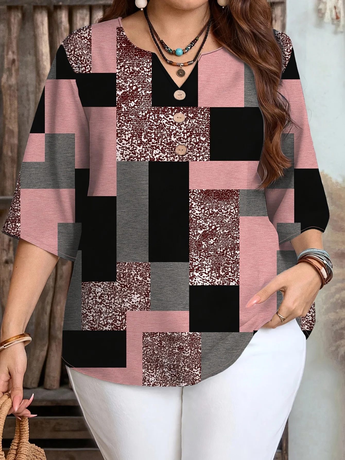 Plus Size Women Color Block Plaid Print Blouse, V Neck 3/4 Sleeve Button Decor Stretchy Casual Ladies Tunic Top