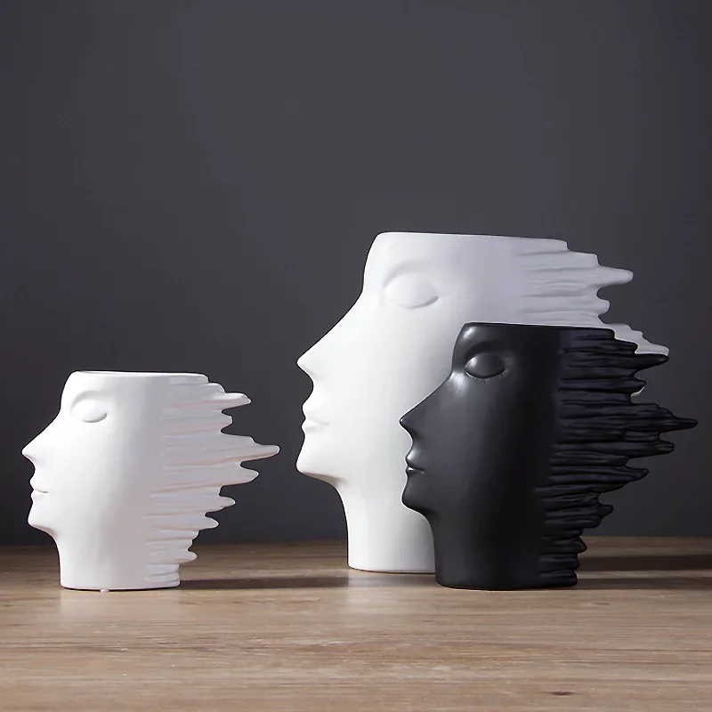 Ceramic ornament sculpture Creative handicrafts vase Nordic home decor black white matte face vase American avatar soft decor