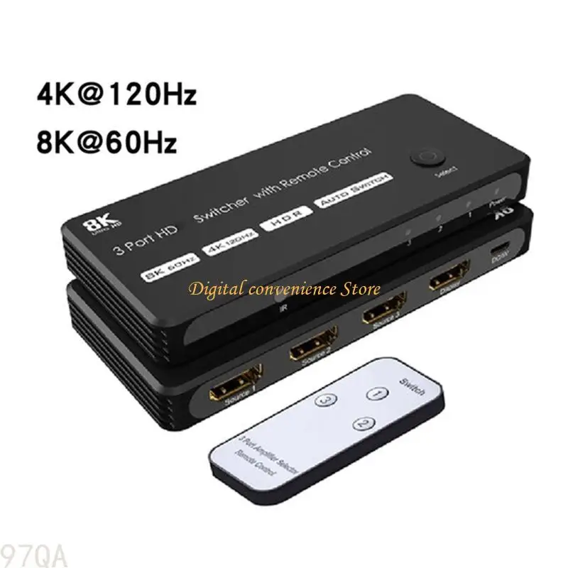 97QA 3 Port HDTV 8K Switcher مع دعم عن بُعد 8K@60Hz 4K@120Hz السرعة العالية 3 في 1 OUT